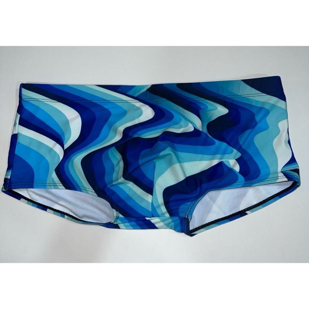 Men's swim briefs featuring an abstract blue and white wave pattern.